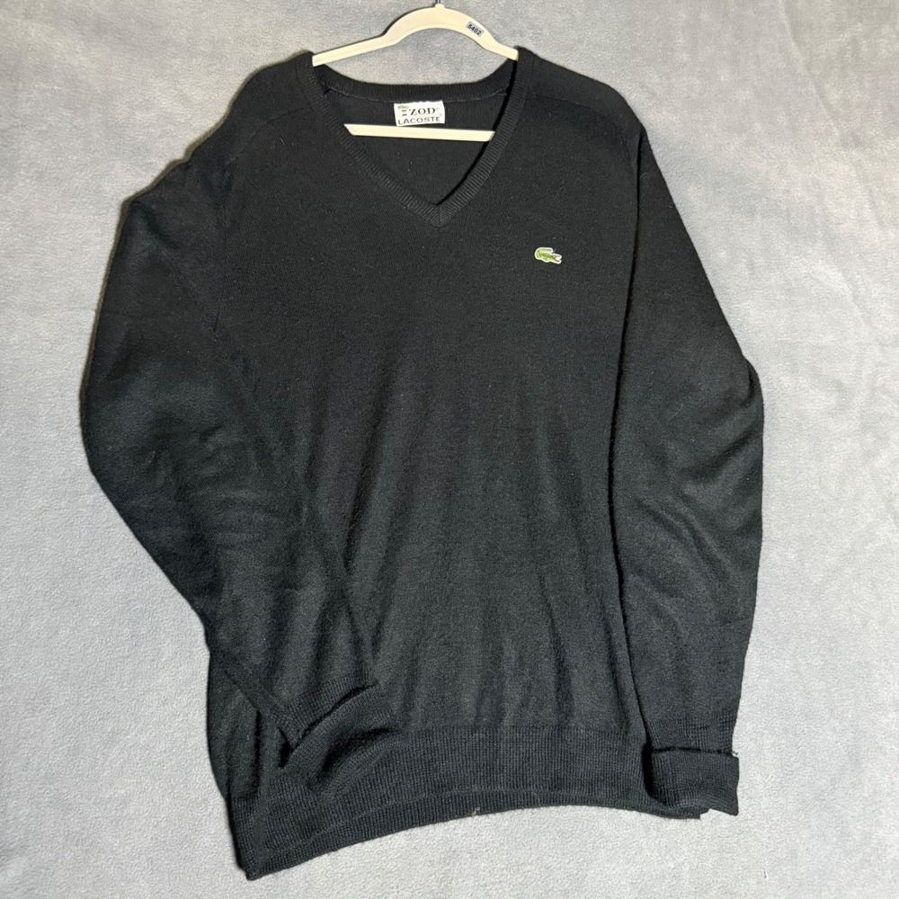 Izod Lacoste Mens Vintage V-Neck Sweater Black Knit Crocodile Logo Large
